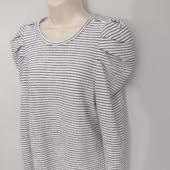 LOFT Black and White Striped Pleated Puffy Shoulder Long Sleeve Top Medium - Picture 5 of 12